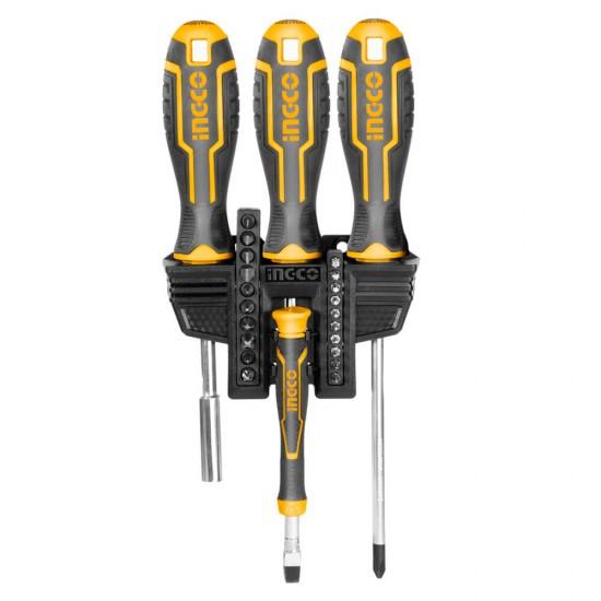 مجموعة مفكات براغي 24 قطعة INGCO 24PC Magnetic Ratcheting Screwdriver With 21 Bits Set