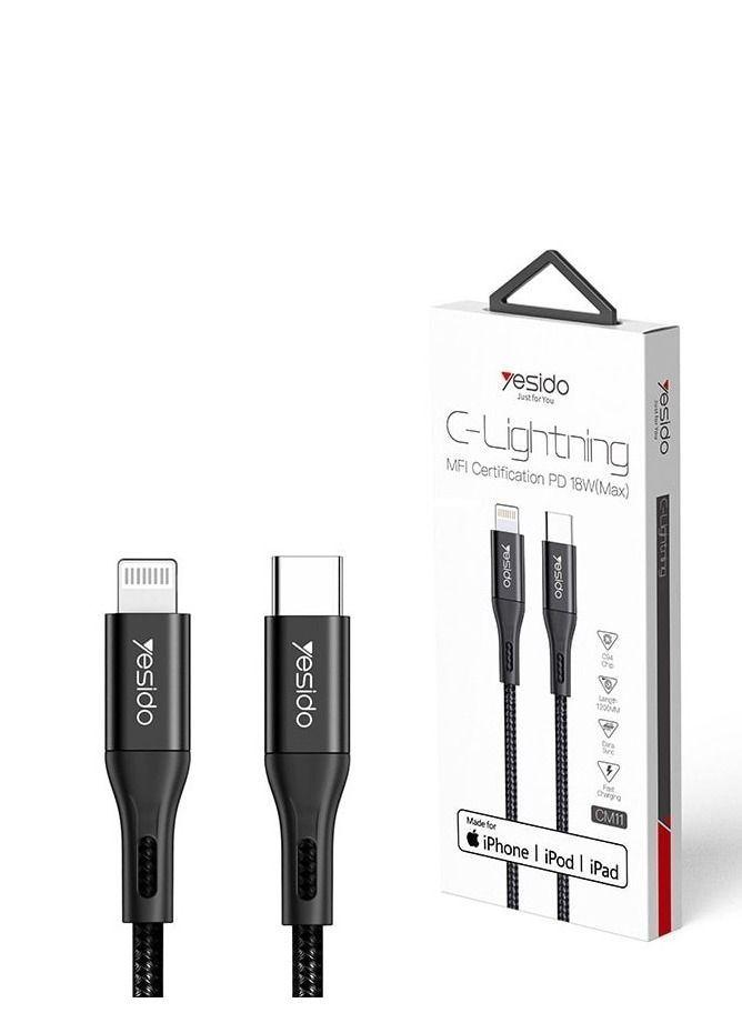 Yesido C- Lightning MFI Certification PD 18W (Max) Charging Cable Black