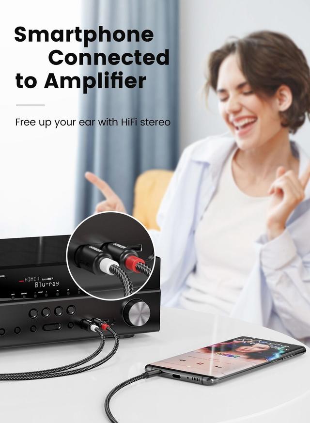 UGREEN RCA to 3.5mm Audio Cable 2 Male to Male Stereo Jack Phono Y Splitter Nylon-Braided Aux Cord for DJ Controller Dolby Digital DTS Speaker Gold-plated Connector-1M