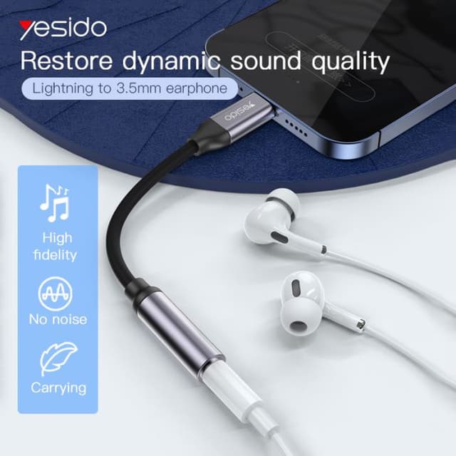Yesido Audio Cable AUX 3.5MM Lightning To Headphone Adapter 3.5millimeter Black