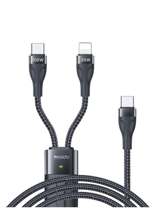 Yesido Type-C 100W USB-C To Lightning & Type-C Fast Charge Data Cable, Black