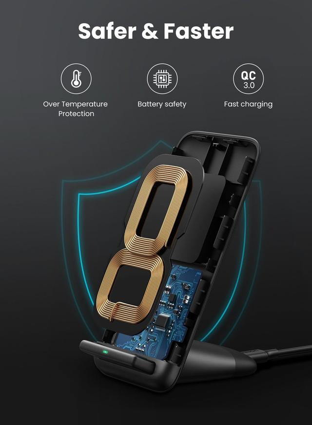 شاحن لاسلكي ( 15W ) - اسود UGREEN -  Fast Wireless Charger Stand Pad for iPhone 13 Pro 12 Pro Max 12 Pro 11 XS Max X 8P Samsung S20+ S20 S10 Note10 S9 Airpods 2 Pro