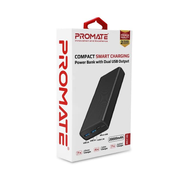 promate Compact Smart Charging Power Bank with Dual USB Output