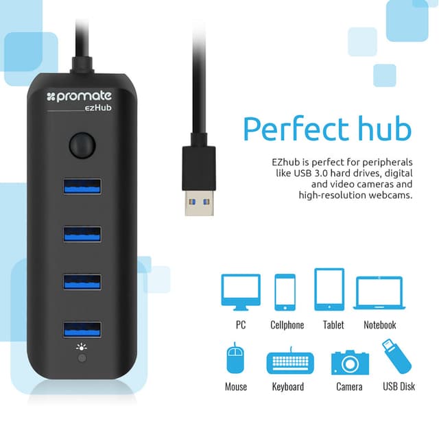 promate Ultra-Fast Portable USB 3.0 Hub with 4 Charge and Sync Ports