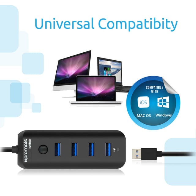 promate Ultra-Fast Portable USB 3.0 Hub with 4 Charge and Sync Ports