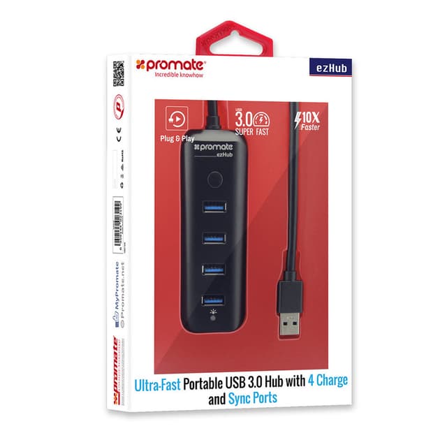promate Ultra-Fast Portable USB 3.0 Hub with 4 Charge and Sync Ports
