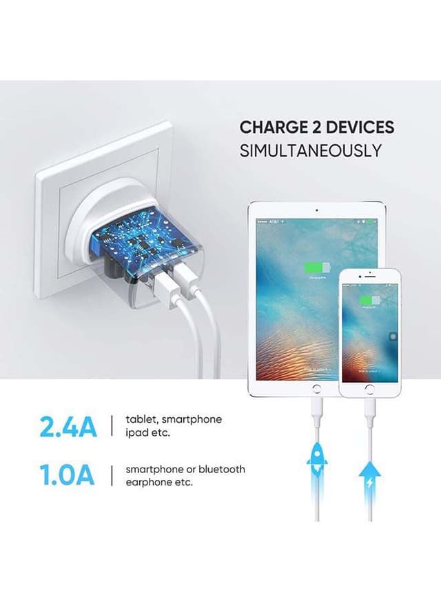 مقبس شاحن بمنفذين - أبيض UGREEN USB Charger USB Plug,2 Port 17W 3.4A Mains Charger