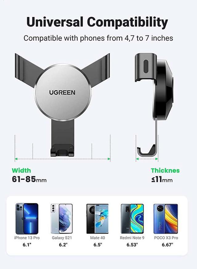 UGREEN Car Phone Holder for Air Vent Phone Holder Gravity Car Mobile Holder for iPhone 13,13 Mini,13 Pro,13 Pro Max,12,11,Galaxy S21,S20,Huawei Mate 30,Google Pixel 2 Grey