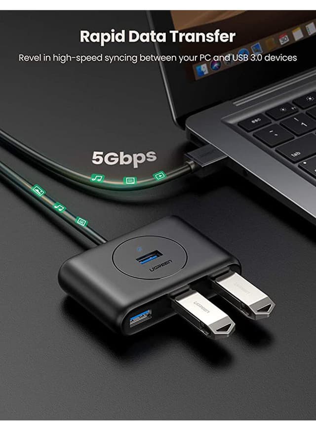 UGREEN USB 3.0 4 Port Data Hub with 1M Cable Extension USB Splitter Portable SuperSpeed Data Extender for Surface Pro MacBook Mac Mini iMac Microsoft Surface Black