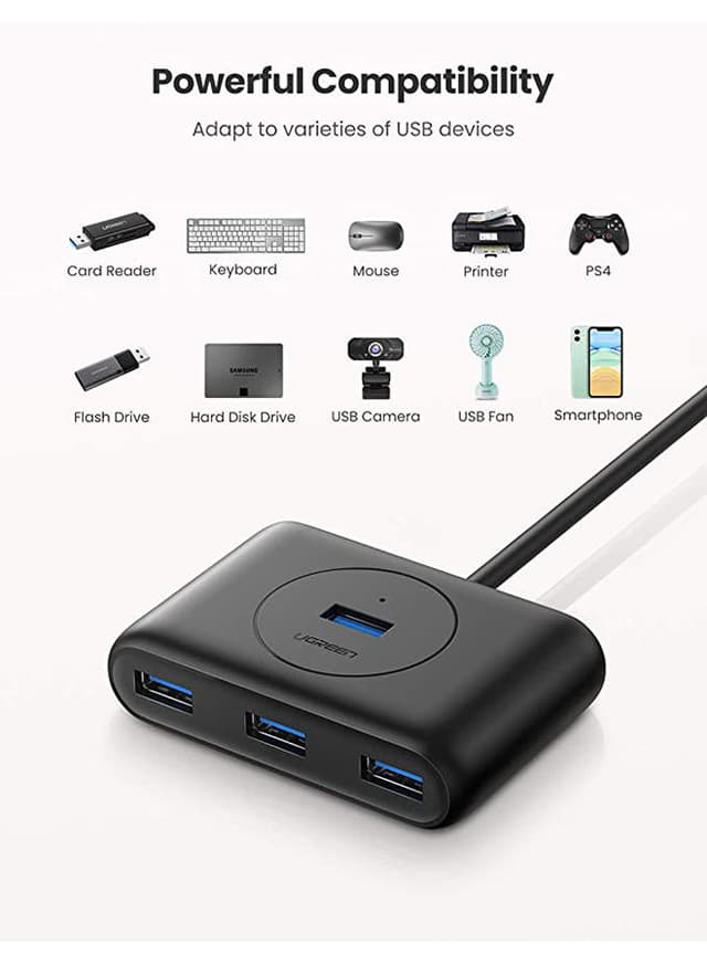 UGREEN USB 3.0 4 Port Data Hub with 1M Cable Extension USB Splitter Portable SuperSpeed Data Extender for Surface Pro MacBook Mac Mini iMac Microsoft Surface Black