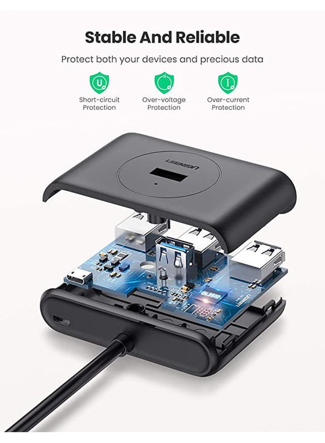 UGREEN USB 3.0 4 Port Data Hub with 1M Cable Extension USB Splitter Portable SuperSpeed Data Extender for Surface Pro MacBook Mac Mini iMac Microsoft Surface Black