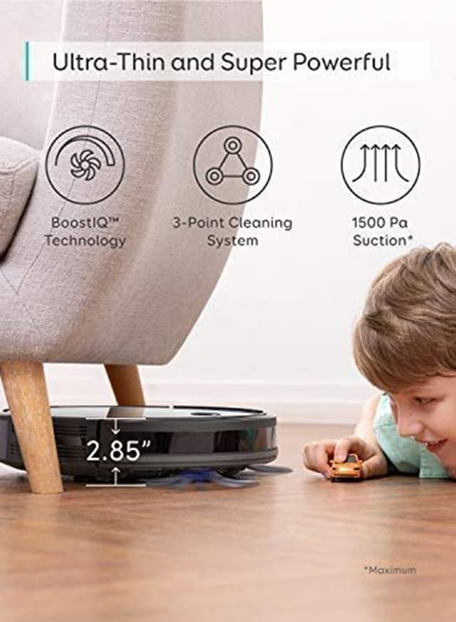 Eufy [BoostIQ] RoboVac 30C, Robot Vacuum Cleaner, Wi-Fi, Super-Thin, 1500Pa Suction, Boundary Strips Included, Quiet, Self-Charging Robotic Vacuum Cleaner, Cleans Hard Floors to Medium-Pile Carpets 0.6 L 40 W T2118211 Black