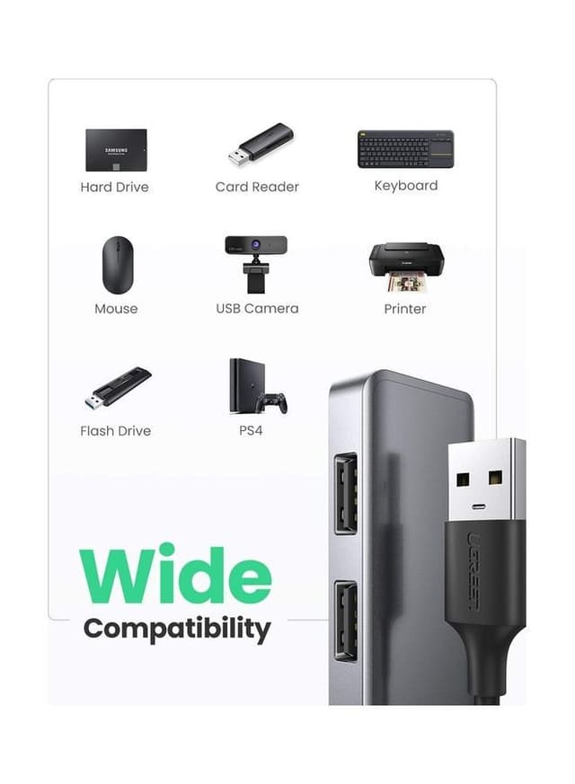 UGREEN USB 3.0 Hub 4 Port Ultra Slim Aluminum Data Hub Multiple USB Extension Dock for MacBook Mac Pro Mini iMac Surface Pro XPS PS5 PC USB Flash Drive Mobile HDD Grey