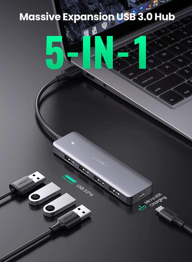 UGREEN USB 3.0 Hub 4 Port Ultra Slim Aluminum Data Hub Multiple USB Extension Dock for MacBook Mac Pro Mini iMac Surface Pro XPS PS5 PC USB Flash Drive Mobile HDD Grey