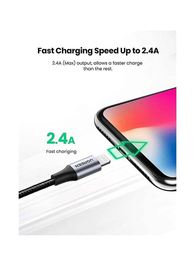 كيبل شحن آيفون USB إلى Lightning - أسود UGREEN iPhone Charging Cable 2M Nylon braided Lightning Cord Data Transfer