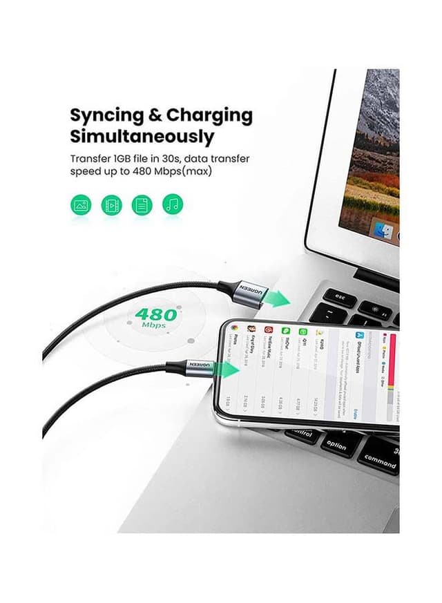 كيبل شحن آيفون USB إلى Lightning - أسود UGREEN iPhone Charging Cable 2M Nylon braided Lightning Cord Data Transfer