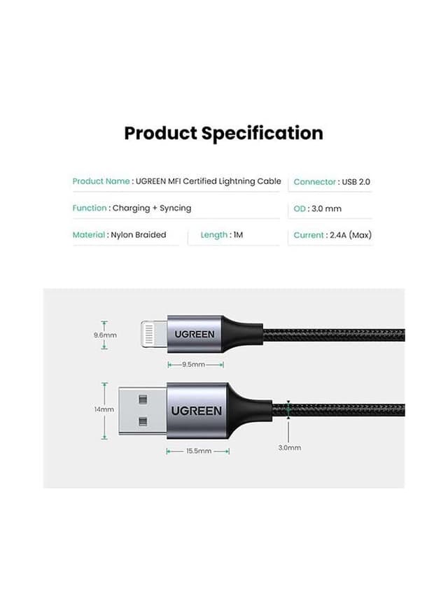كيبل شحن آيفون USB إلى Lightning - أسود UGREEN iPhone Charging Cable 2M Nylon braided Lightning Cord Data Transfer