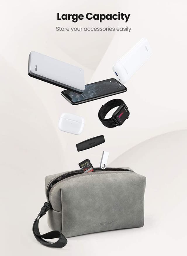 UGREEN Hard Drive Bag Digital Storage Leather Case Electronic Accessories Gadget Organizer with Grid Layered Travel Gear Carrying Sleeve Pouch for USB Cable Earphones Grey