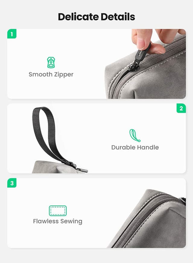 UGREEN Hard Drive Bag Digital Storage Leather Case Electronic Accessories Gadget Organizer with Grid Layered Travel Gear Carrying Sleeve Pouch for USB Cable Earphones Grey