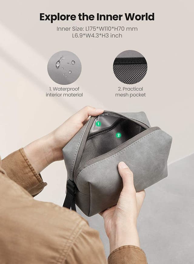 UGREEN Hard Drive Bag Digital Storage Leather Case Electronic Accessories Gadget Organizer with Grid Layered Travel Gear Carrying Sleeve Pouch for USB Cable Earphones Grey