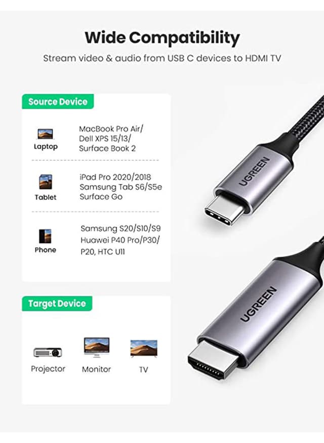 UGREEN USB C to HDMI Cable 3M USB 3.1 Type C Thunderbolt 3 to HDMI 4K 60Hz UHD Adapter Aluminum Shell Converter for iPad Mini 6 Macbook Pro 2021 Huawei P20 Mate 20 black
