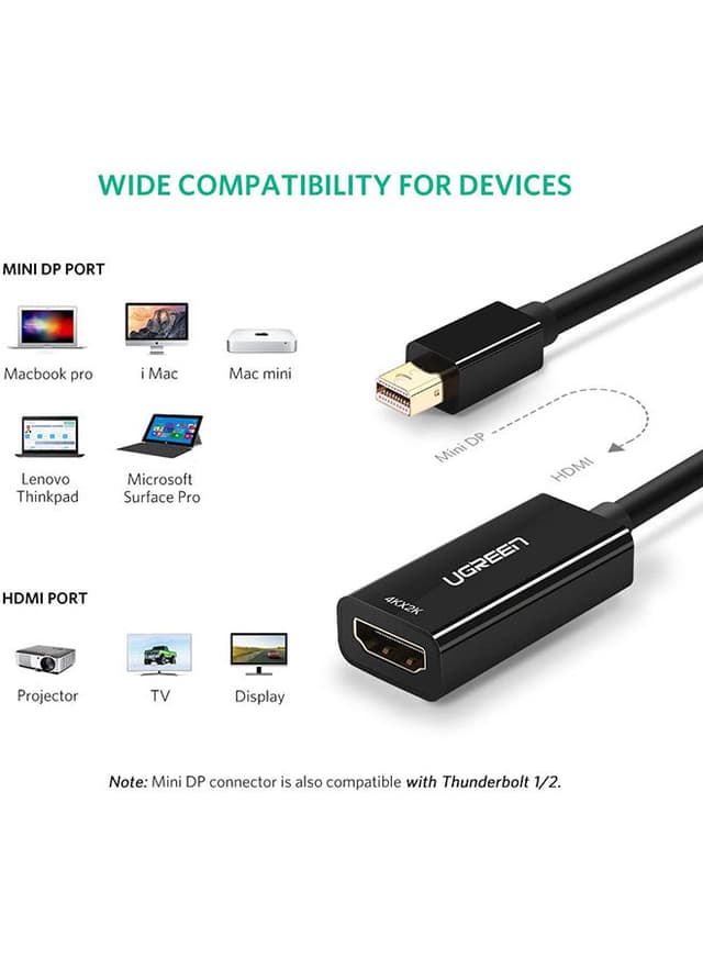 وصلة تحويل Mini DP إلى HDMI  -أسود UGREEN Mini DisplayPort to HDMI Adapter Male to Female Thunderbolt 2.0 Transfer
