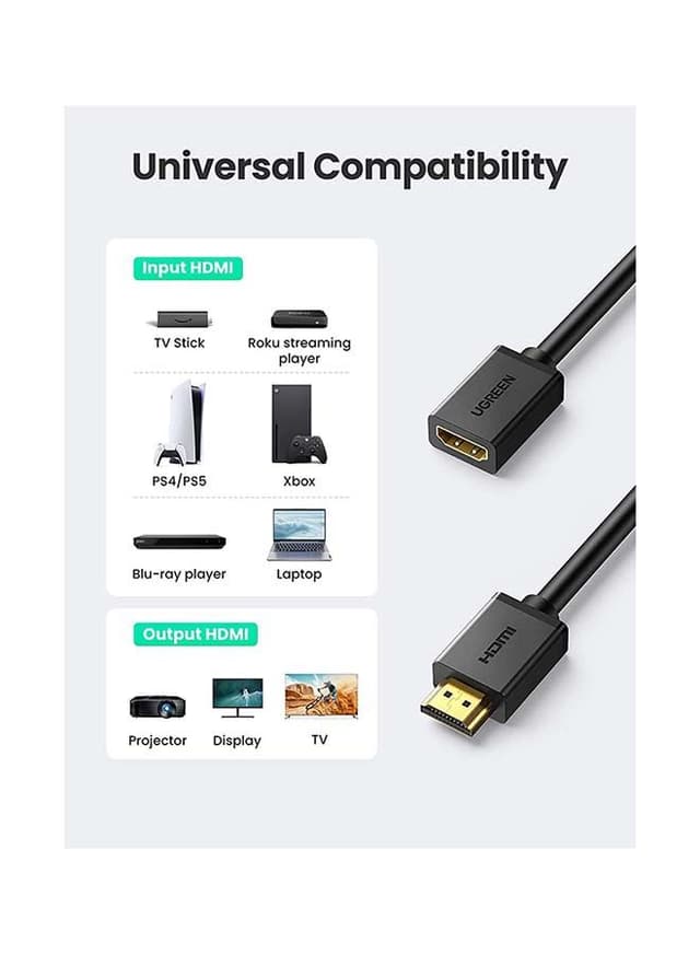 UGREEN HDMI Extension Cable Male to Female HDMI Extender Cord 4K Compatible for TV Stick, Roku Stick, PS5 PS4 PS3, Blu Ray Player,HDTV Laptop PC - 1M Black