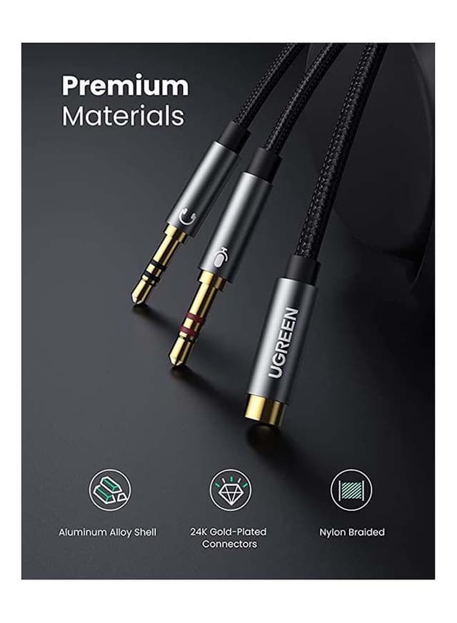 وصلة سماعة ( مقسم سماعة الرأس ) - اسود UGREEN - Headphone Splitter Female to Dual Headphone and Microphone Male Port Headphone Adapter TRRS Y Splitter