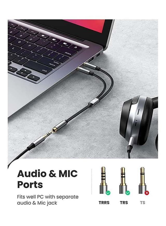 وصلة سماعة ( مقسم سماعة الرأس ) - اسود UGREEN - Headphone Splitter Female to Dual Headphone and Microphone Male Port Headphone Adapter TRRS Y Splitter
