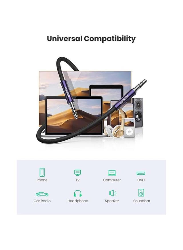 كيبل aux ( مقاس 3.5 ) 1 متر - اسود UGREEN -  Audio Cable Aux Cable Braided Male to Male Stereo Auxiliary Aux Jack Cord TRS Aux Compatible for iPhone iPad Smartphones Tablets Car Home Stereos Beats Bose Sony