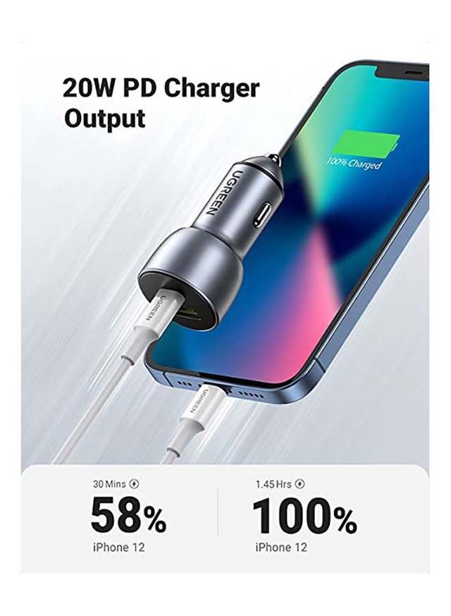 UGREEN Fast Car Charger Adapter 42.5W Dual USB Quick Charge QC 3.0 and PD Fast Charging Car Plug for iPhone 13 Pro 13 Pro Max 13 13 mini 12 Pro Max New iPad 9 Silver