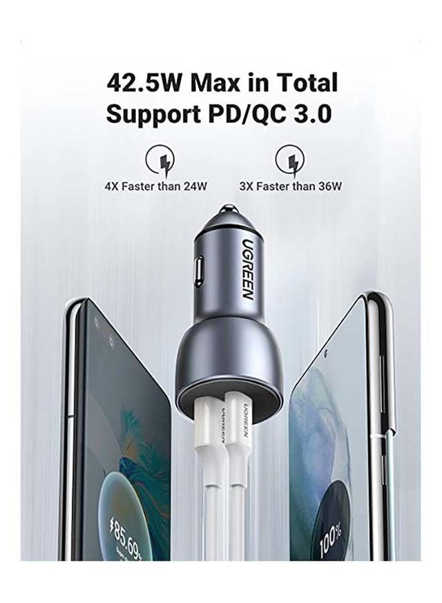 UGREEN Fast Car Charger Adapter 42.5W Dual USB Quick Charge QC 3.0 and PD Fast Charging Car Plug for iPhone 13 Pro 13 Pro Max 13 13 mini 12 Pro Max New iPad 9 Silver