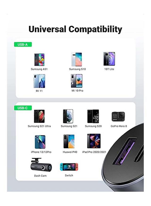 UGREEN Fast Car Charger Adapter 42.5W Dual USB Quick Charge QC 3.0 and PD Fast Charging Car Plug for iPhone 13 Pro 13 Pro Max 13 13 mini 12 Pro Max New iPad 9 Silver