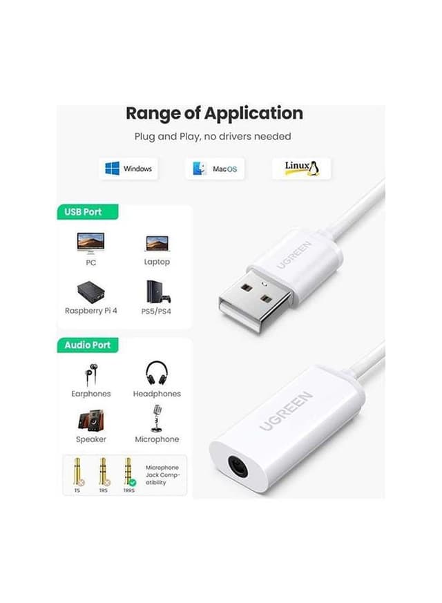 محول صوت USB إلى Aux 3.5 mm لون أبيض  USB Audio Adapter With 3.5mm Aux Stereo - UGreen - 208777