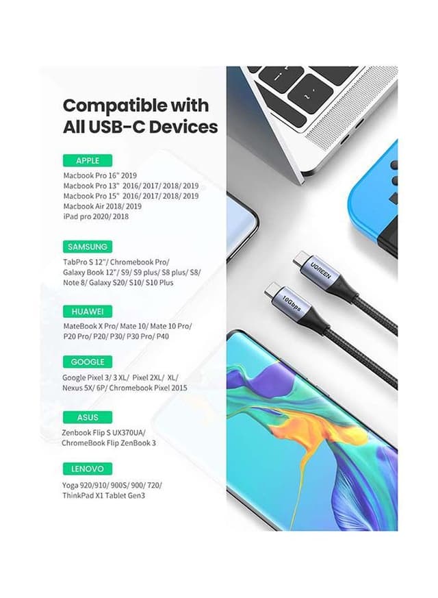 UGREEN USB-C to C Cable 1M 100W Power Delivery USB C 3.1 Gen 2 10Gbps 4K Video Compatible for iPad mini 6/Pro 2020,MacBook Pro/Air,Matebook,Chromebook,Samsung Galaxy, Pixel, NS Black