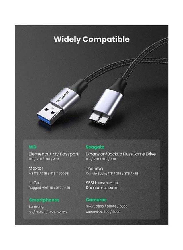 UGREEN Micro USB 3.0 Cable A Male to Micro B Cord Nylon Braided External Hard Drive Wire Compatible for Samsung Galaxy S5, Note 3, WD Camera, Hard Drive and More -2M black