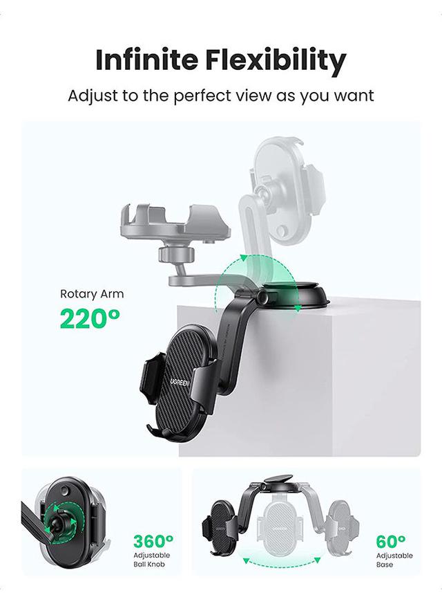 UGREEN Car Phone Holder Dashboard Phone Holder 360 Degrees Rotatable Car Phone Stand Mobile Stand for iPhone 13 Pro Pro Max Mini Galaxy Huawei and all 4.7-7.2'' Phone Black