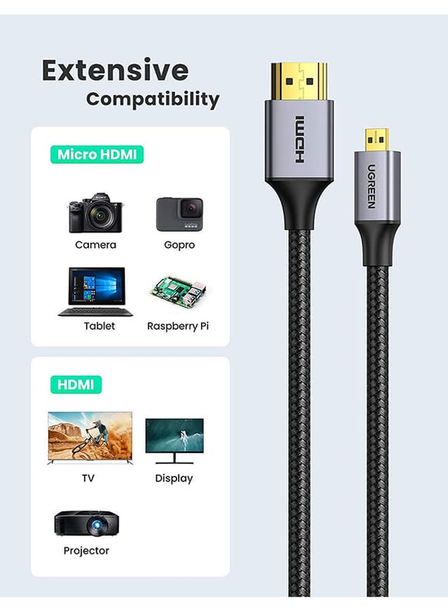 كابل HDMI ( 1متر ) - اسود UGREEN - Micro HDMI to HDMI Cable Nylon Braided Male to Male