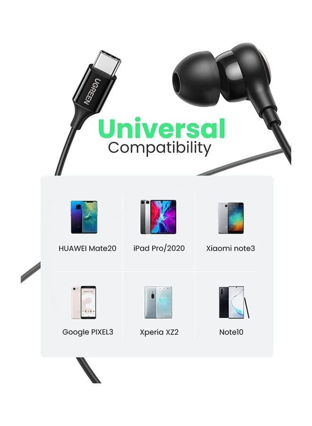 سماعات سلك بمنفذ تايب سي عازلة للضوضاء أسود يوجرين Ugreen Black Noise Isolation USB-C  In-ear Headphone