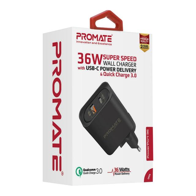 شاحن جوال ذو مدخل USB C و USB A (36 واط)  PROMATE Super Speed Wall Charger - SW1hZ2U6NTM1ODEz