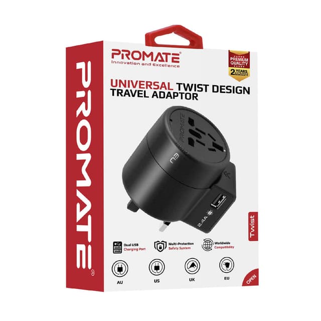 مقبس عالمي مع مدخلين USB A (12 واط)  PROMATE Universal Travel Adaptor - 205912