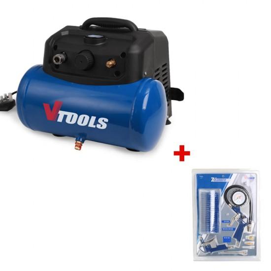 VTOOLS 6 Liter Portable Air Compressor with 1.5 HP Motor + FREE 7PC Air Accessories Kit