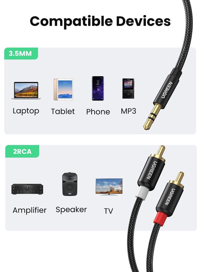 كيبل  (  من RCA 3.5 الى Aux Audio ) - اسود UGREEN - RCA to Audio Cable 2 Male to Male Stereo Jack Phono Y Splitter Nylon-Braided Aux - SW1hZ2U6NTQ2MTg5