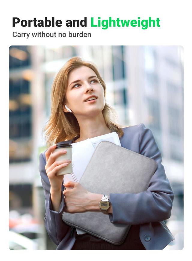 UGREEN Laptop Sleeve 13.3 Inch Compatible with MacBook Air 13 2021 2020 2019 PU Leather Case Water-Resistant Soft Padded Zipper Protective Briefcase-Gray