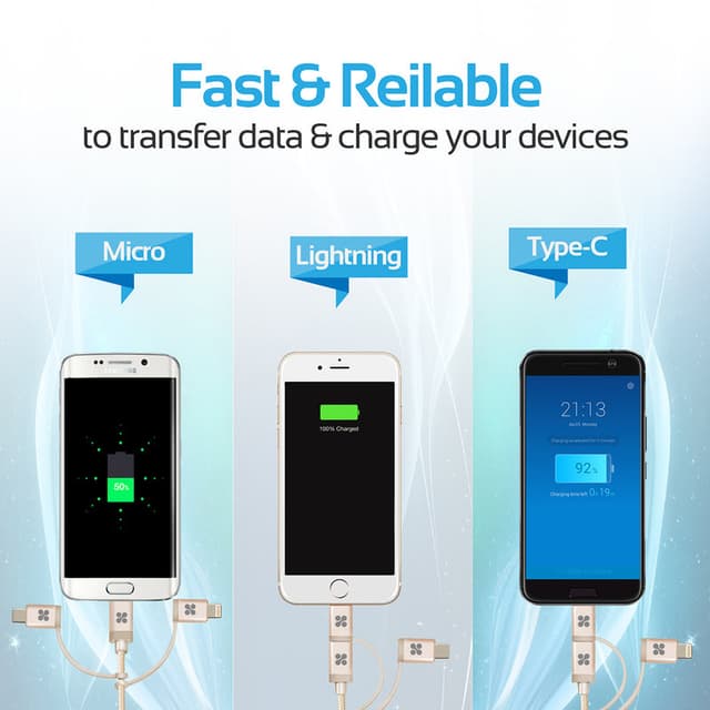 كيبل شحن متعدد الإستخدامات 3 في 1 - 1.2 متر   PROMATE Apple MFi Trio-ended Charge and Sync Cable