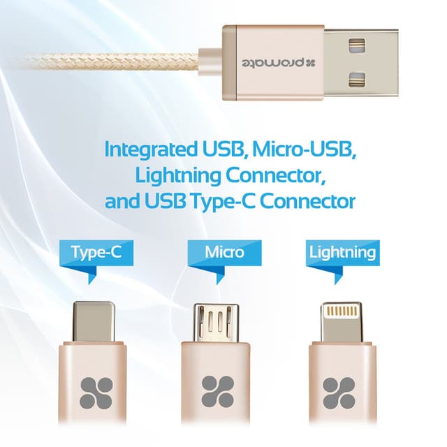 كيبل شحن متعدد الإستخدامات 3 في 1 - 1.2 متر   PROMATE Apple MFi Trio-ended Charge and Sync Cable