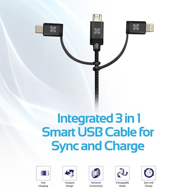 كيبل شحن متعدد الإستخدامات 3 في 1 - 1.2 متر   PROMATE Apple MFi Trio-ended Charge and Sync Cable
