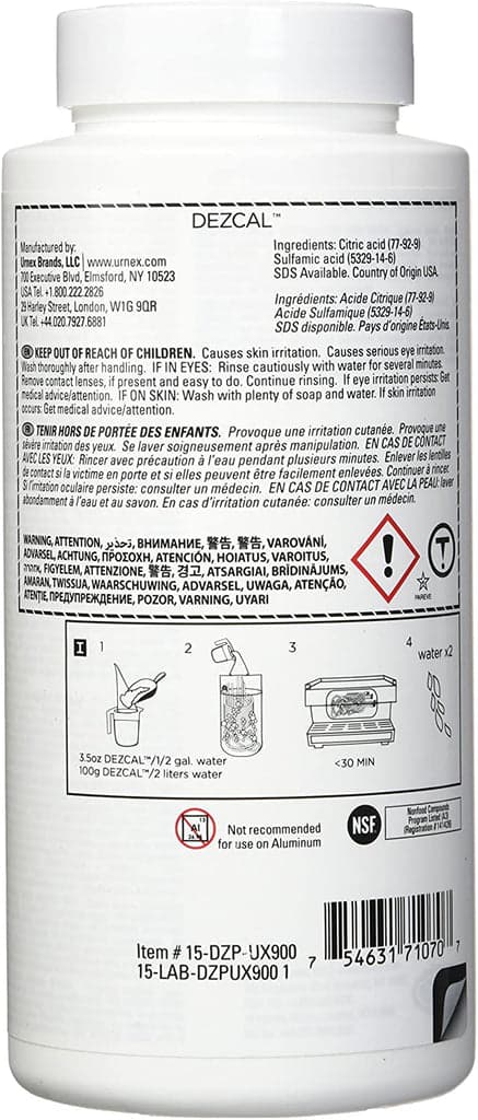 Urnex Dezcal Coffee and Espresso Machine Descaler Activated Scale Remover Powder