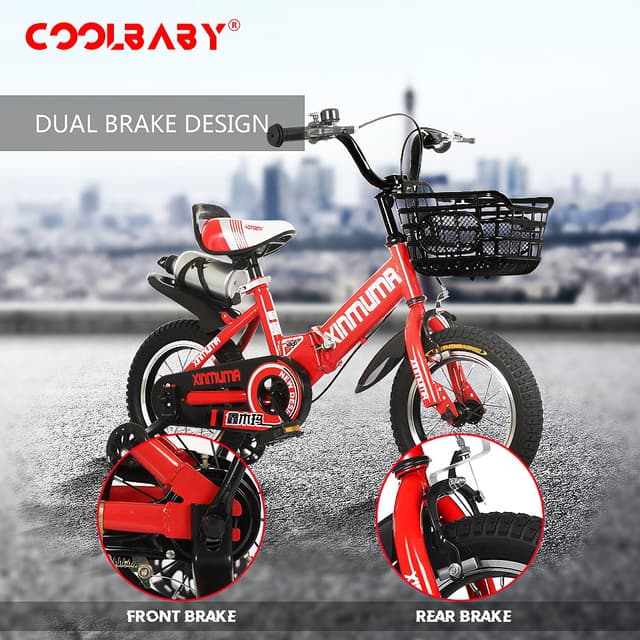 Cool Baby COOLBABY YL66 Kids Bike with Hand Brake and Basket for Ages 3-12 Years, 12/16 Inch Children Bikes Bicycles with Training Wheels and Fenders