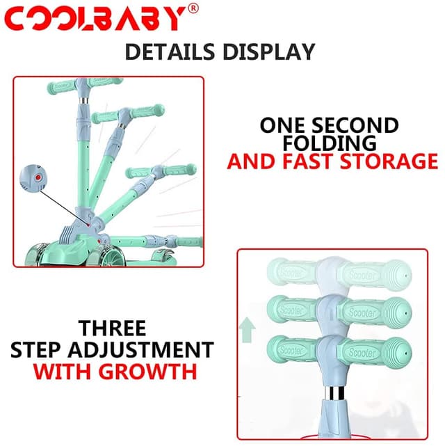 COOLBABY JSMG 3Wheel Scooter, Movable And Adjustable Seat, LED Flash PU Wheel